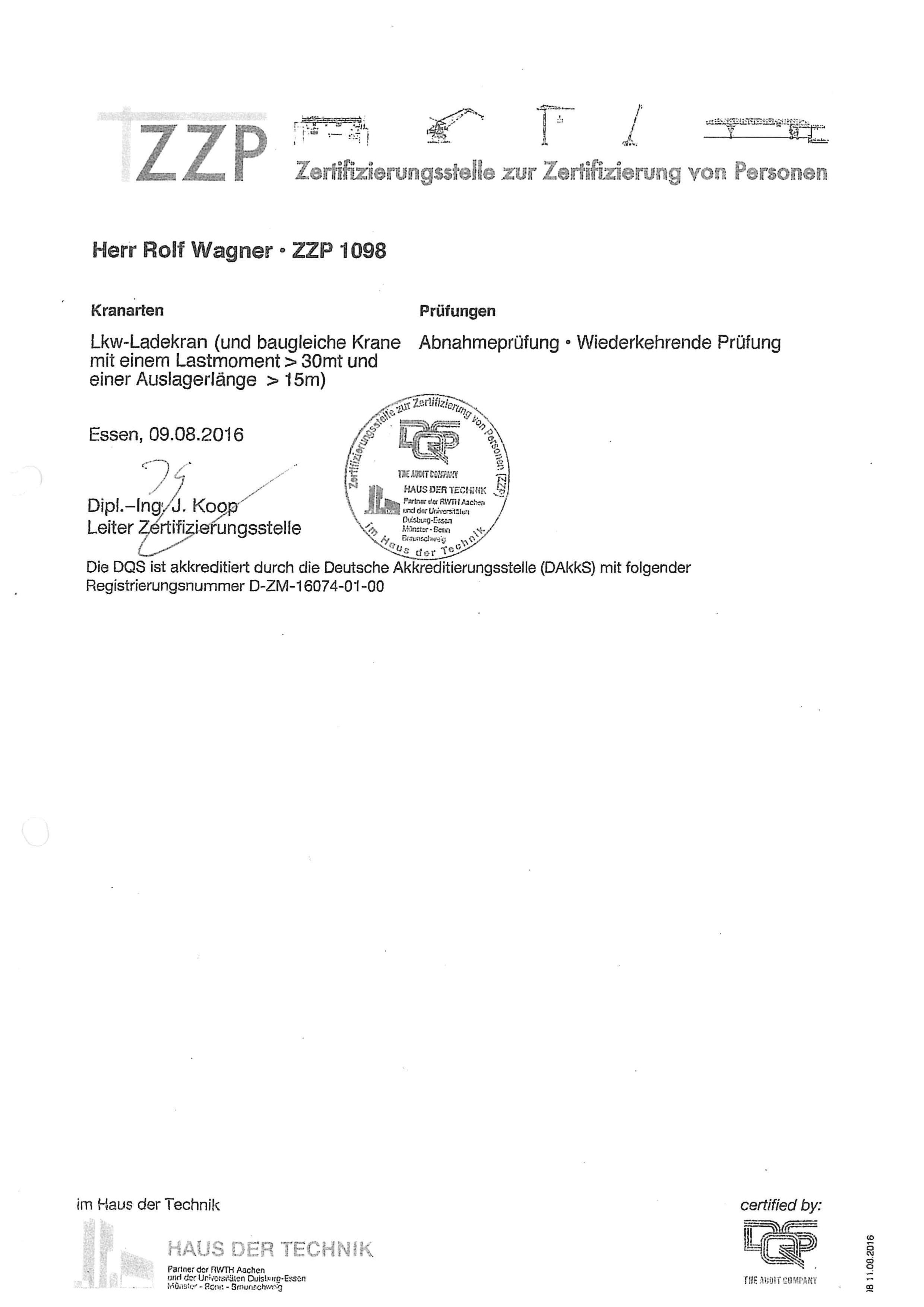 Urkunde Rolf Wagner